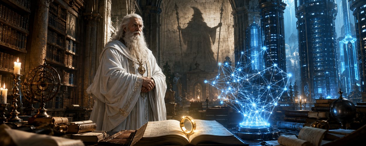 Ein weiß gekleideter Kirchenführer steht in einer großen Bibliothek vor leuchtenden Maschinen, während der Schatten eines Zauberers mit Stab an der Wand erscheint.