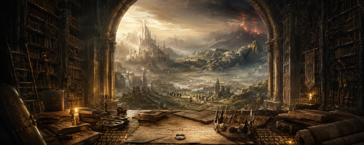 Ein großer Bibliothekssaal öffnet sich zu einer mythischen Fantasy-Landschaft mit alten Manuskripten, Ring, Karten und fernen Ruinen, die an frühe Mittelerde-Legenden erinnern.