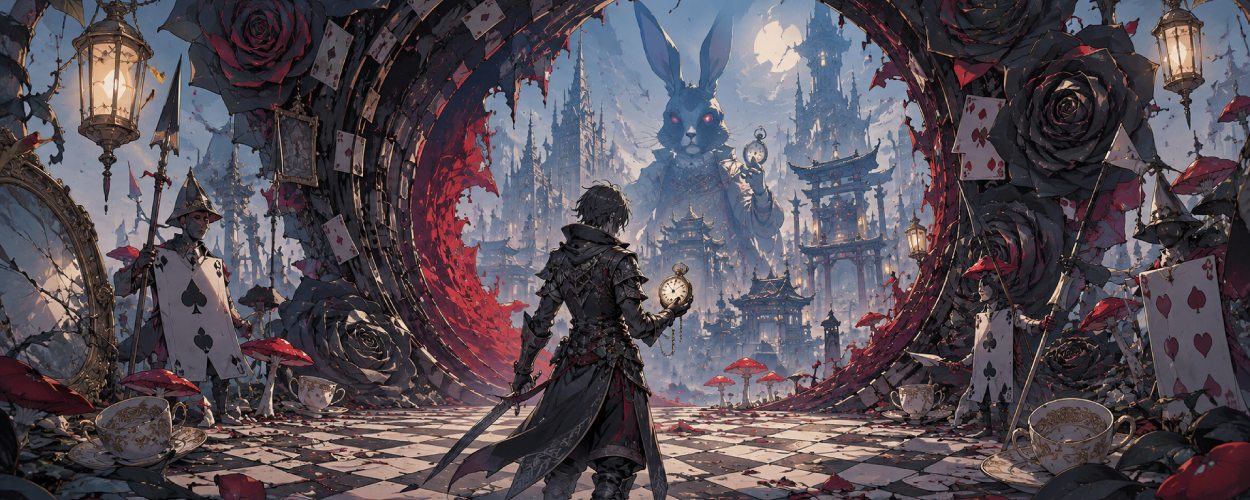 Eine leuchtende Fantasy-Bühne schwebt über einer nächtlichen Stadt, während magische Noten, Kristalle und Musiklicht durch den Himmel ziehen.