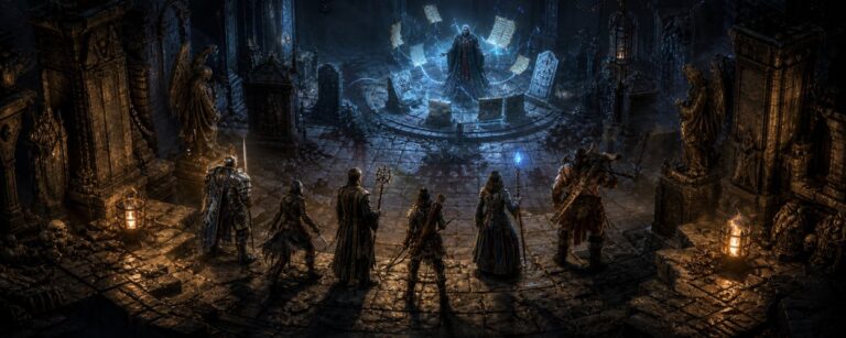 Eine sechsköpfige Fantasy-Gruppe steht vor einem dunklen Mausoleum, während tief im Gewölbe ein Vampir verbotene Dokumente und leuchtende Tafeln bewacht.