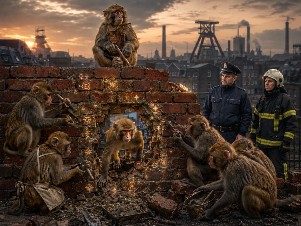 Satirische Fantasy-Szene im Ruhrgebiet, in der mehrere Tempelaffen an einer Backsteinmauer arbeiten und durch ein selbst gekratztes Loch in die Freiheit entkommen.