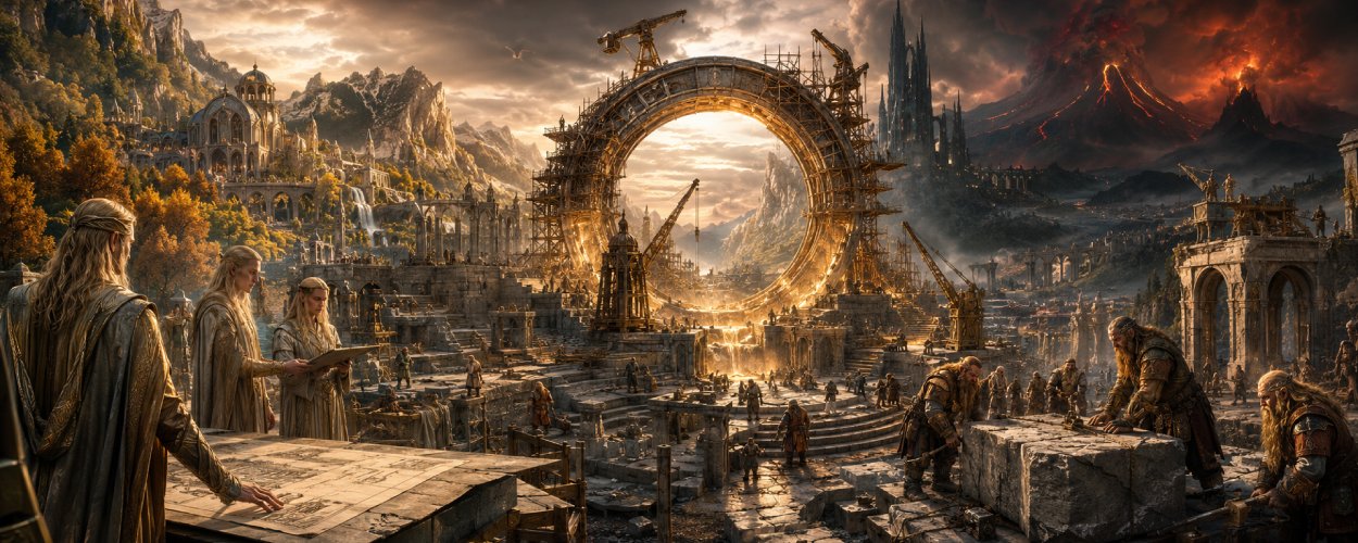 Eine gewaltige Fantasy-Baustelle in Mittelerde mit Elben, Zwergen, dunklen Türmen und einem glühenden Ring im Zentrum.