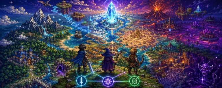 Drei Pixel-Fantasyhelden stehen auf einer farbenfrohen Weltkarte, deren Wälder, Berge, Strände und Dungeons sich magisch neu anordnen.