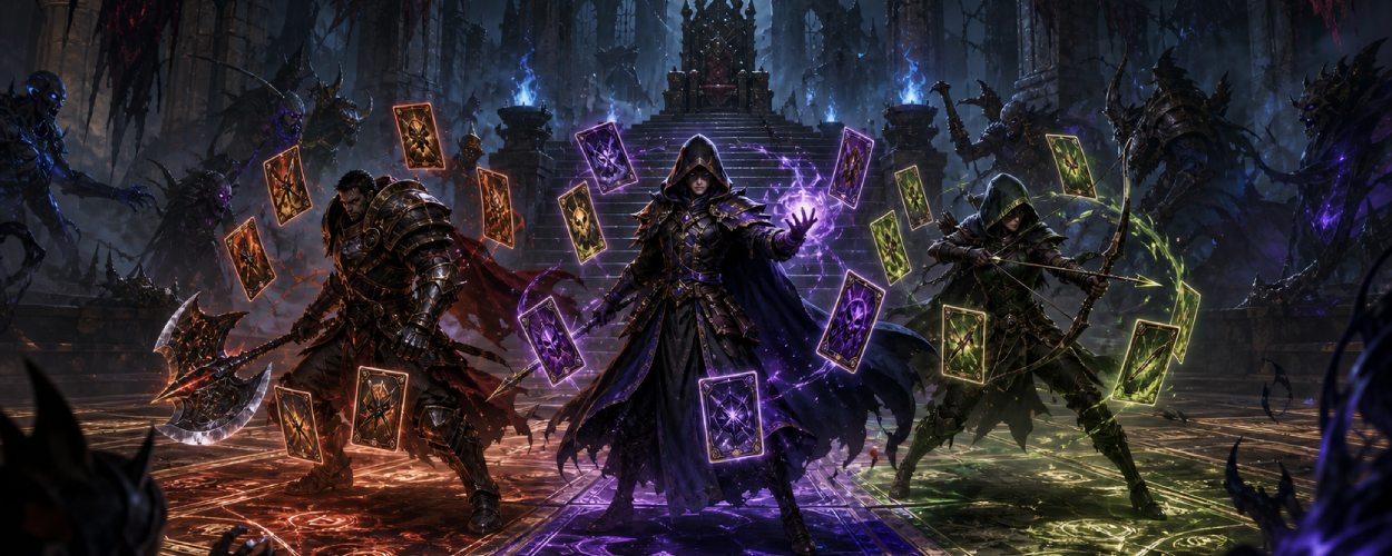 Drei Fantasy-Helden stehen auf einem leuchtenden Kartenfeld in einer düsteren Ruinenhalle, umgeben von schwebenden magischen Karten und Schattenwesen.