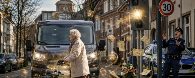 Satirische Fantasy-Szene einer Radarfalle in Euskirchen, bei der eine Seniorin mit Rollator wie eine ruhige Tarnmagierin das Kennzeichen eines zu schnellen Kastenwagens verdeckt.