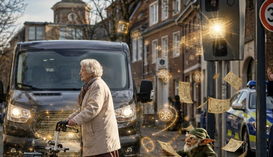 Satirische Fantasy-Szene einer Radarfalle in Euskirchen, bei der eine Seniorin mit Rollator wie eine ruhige Tarnmagierin das Kennzeichen eines zu schnellen Kastenwagens verdeckt.