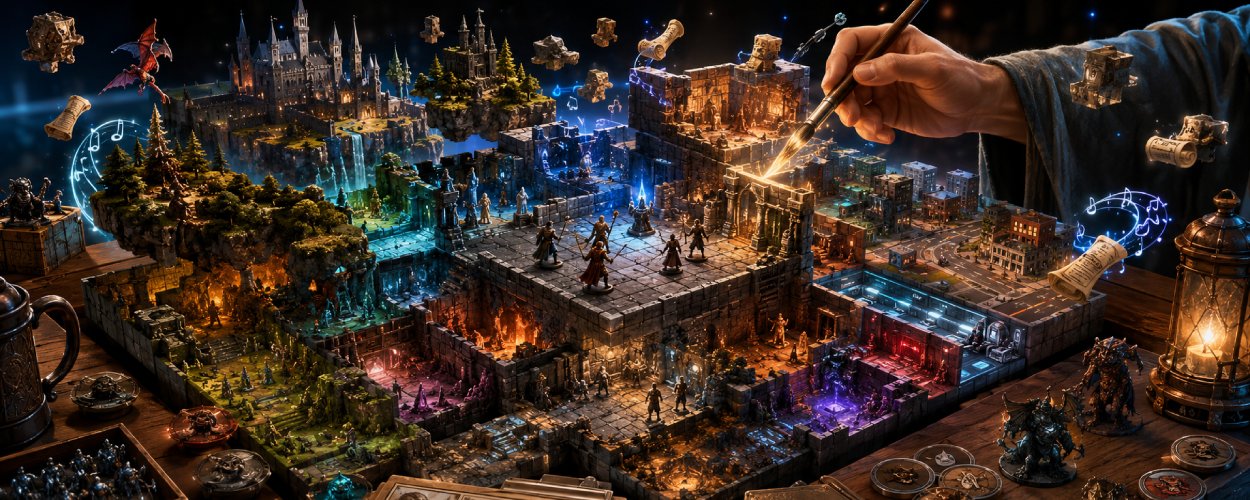 Ein magischer 3D-Spieltisch zeigt Miniaturhelden in einem leuchtenden Dungeon, während um sie herum Burgen, Wälder und Sci-Fi-Korridore aus Bausteinen entstehen.