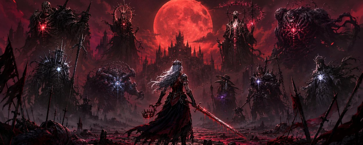 Eine düstere Pixel-Prinzessin steht mit blutroter Klinge vor einem verfallenen Königreich, während gewaltige Boss-Silhouetten aus dem Nebel aufsteigen.
