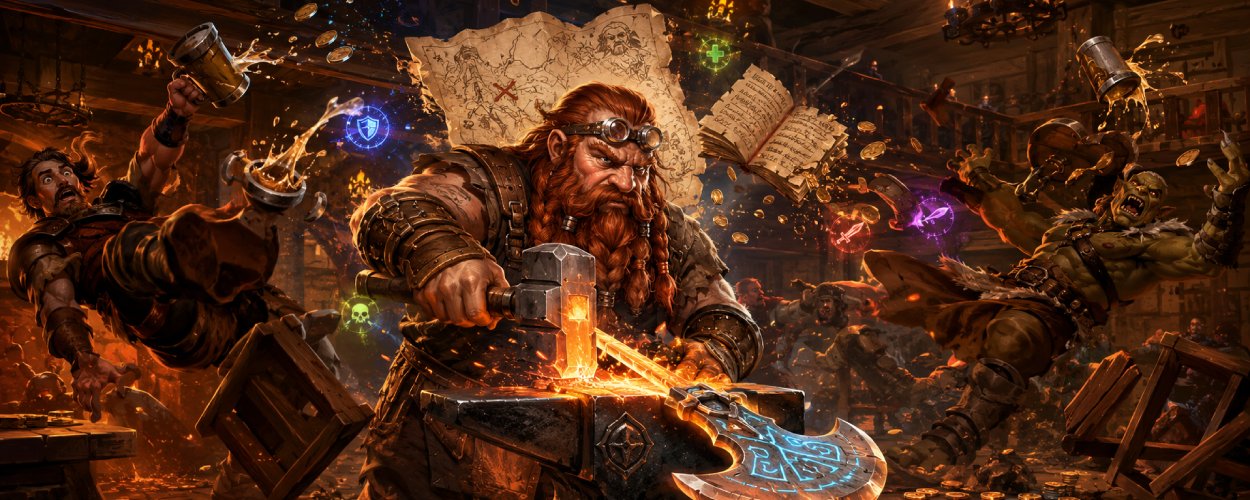 Ein grimmiger Zwergen-Runenschmied steht in einer chaotischen Taverne vor einem glühenden Amboss, während Runen, Bierkrüge und fliegende Stühle durch den Raum wirbeln.