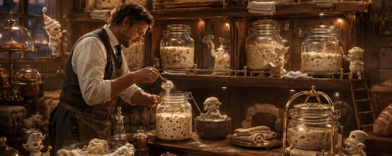 Satirische Fantasy-Szene in einer gemütlichen Bäckerei: Mehrere Gläser mit Sauerteig stehen wie Hotelgäste in beleuchteten Holzregalen, während ein Bäcker sie füttert und kleine Teigwesen aus den Zwischenreichen assistieren.