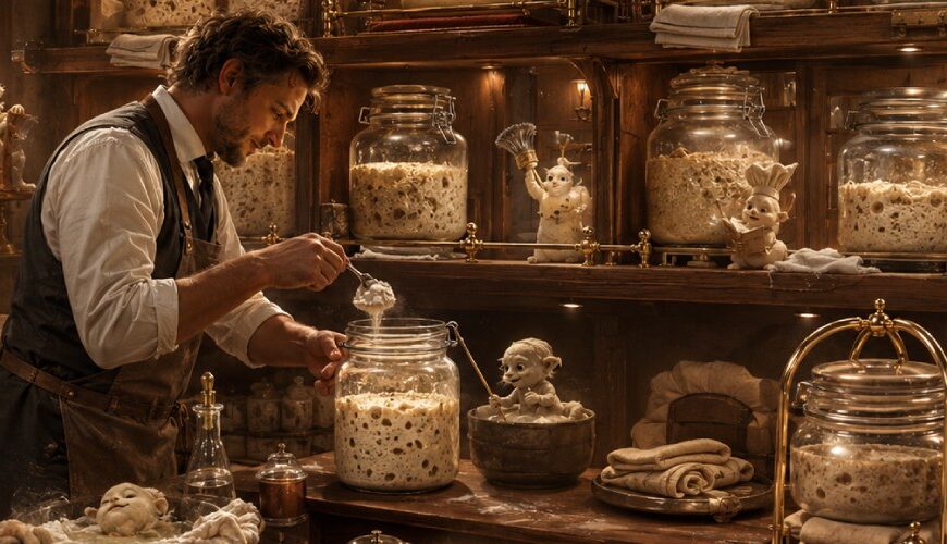 Satirische Fantasy-Szene in einer gemütlichen Bäckerei: Mehrere Gläser mit Sauerteig stehen wie Hotelgäste in beleuchteten Holzregalen, während ein Bäcker sie füttert und kleine Teigwesen aus den Zwischenreichen assistieren.