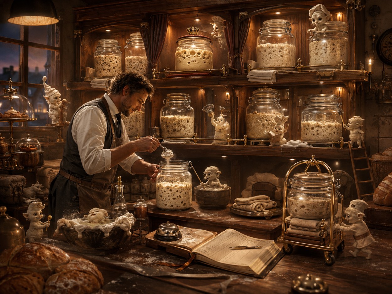 Satirische Fantasy-Szene in einer gemütlichen Bäckerei: Mehrere Gläser mit Sauerteig stehen wie Hotelgäste in beleuchteten Holzregalen, während ein Bäcker sie füttert und kleine Teigwesen aus den Zwischenreichen assistieren.