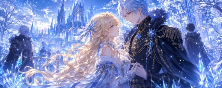 Anime-Visual zu Saved by the Ice Cold Prince’s Embrace mit einem eisblauen Prinzen, einer jungen Frau im hellen Kleid und frostiger Romantasy-Atmosphäre.