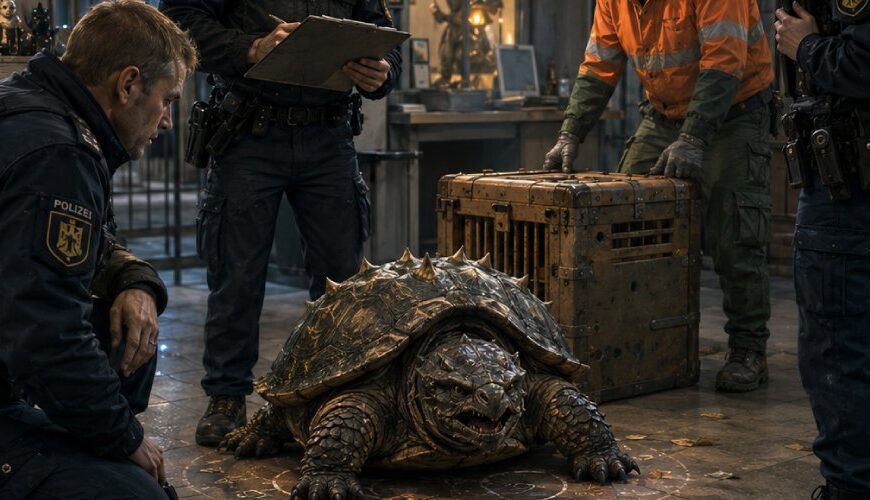 Satirische Fantasy-Szene in einer Polizeidienststelle, in der Beamte und ein Bauhof-Mitarbeiter eine große Schnappschildkröte wie einen gepanzerten Kleindämon begutachten.