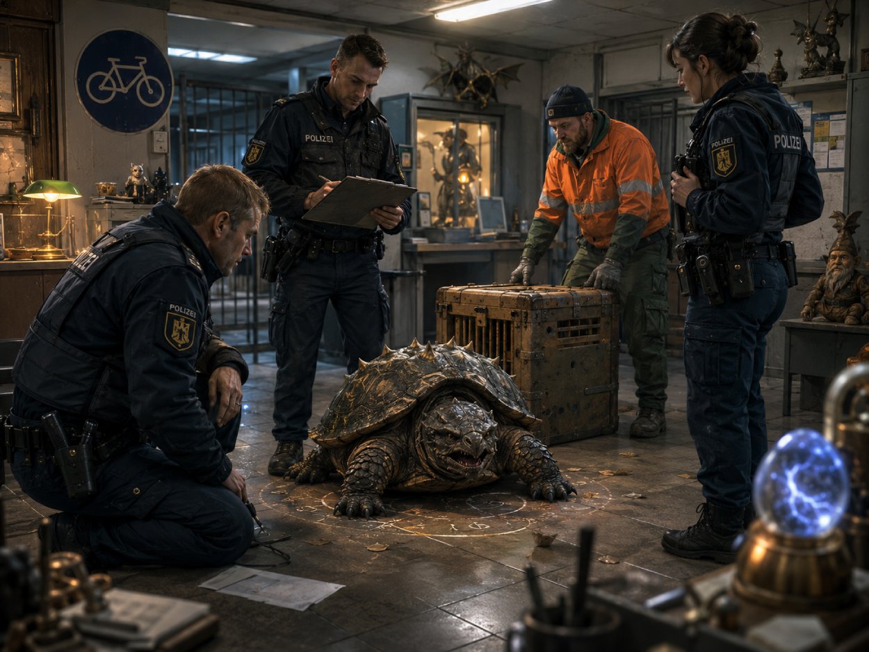 Satirische Fantasy-Szene in einer Polizeidienststelle, in der Beamte und ein Bauhof-Mitarbeiter eine große Schnappschildkröte wie einen gepanzerten Kleindämon begutachten.