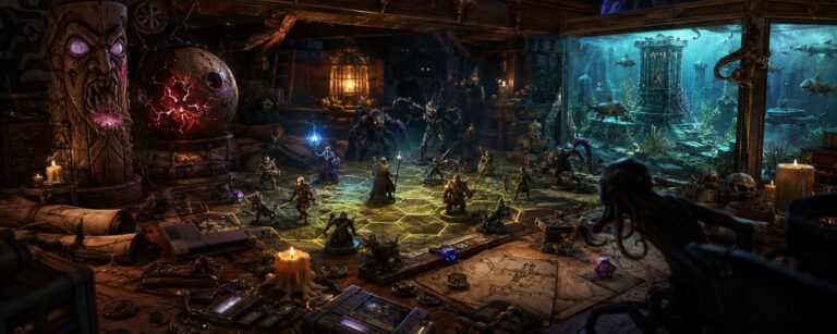 Ein magischer Keller voller retrohafter Fantasy-RPG-Artefakte, alter Dungeon-Karten, okkulter Monster-Totems und taktischer Spielfelder.
