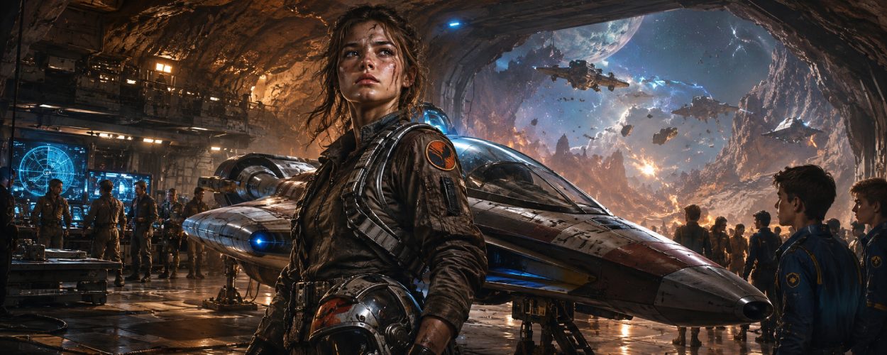 Eine junge Pilotin steht vor einem futuristischen Raumjäger, während über einem kargen Planeten feindliche Schiffe am Himmel erscheinen.