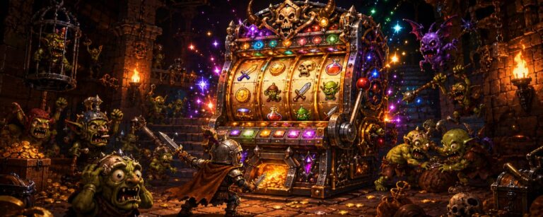 Eine magische Slotmaschine steht in einem Dungeon, während Goblins, Münzen, Schwerter und ein kleiner Abenteurer für chaotische Fantasy-Roguelite-Stimmung sorgen.