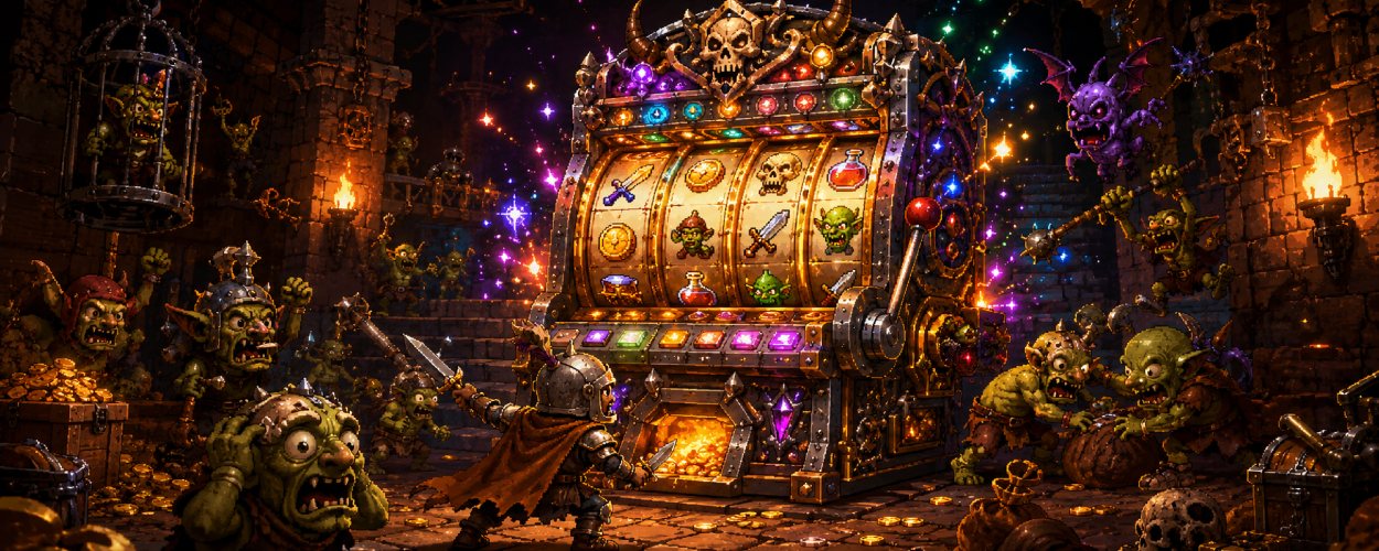 Eine magische Slotmaschine steht in einem Dungeon, während Goblins, Münzen, Schwerter und ein kleiner Abenteurer für chaotische Fantasy-Roguelite-Stimmung sorgen.