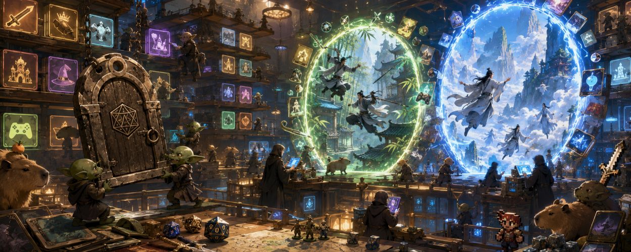 Eine magische Spielebibliothek wird von kleinen Archivaren neu sortiert, während ein altes Dungeon-Etikett entfernt wird und leuchtende Wuxia- und Xianxia-Portale entstehen.