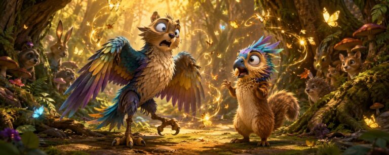 Ein kleines Waldwesen und ein majestätischer Vogel stehen verwirrt in einem magischen Wald, während goldene Zauberfunken einen Körpertausch andeuten.