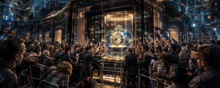 Satirische Fantasy-Szene vor einem modernen Uhrenladen, in der eine Menschenmenge um eine leuchtende Taschenuhr drängt, während riesige Chronomanten über der Stadt die Zeit manipulieren.