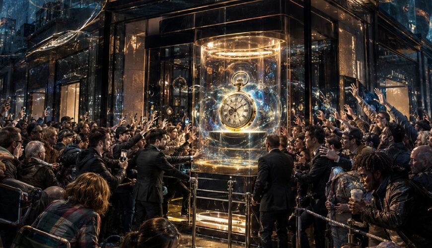 Satirische Fantasy-Szene vor einem modernen Uhrenladen, in der eine Menschenmenge um eine leuchtende Taschenuhr drängt, während riesige Chronomanten über der Stadt die Zeit manipulieren.