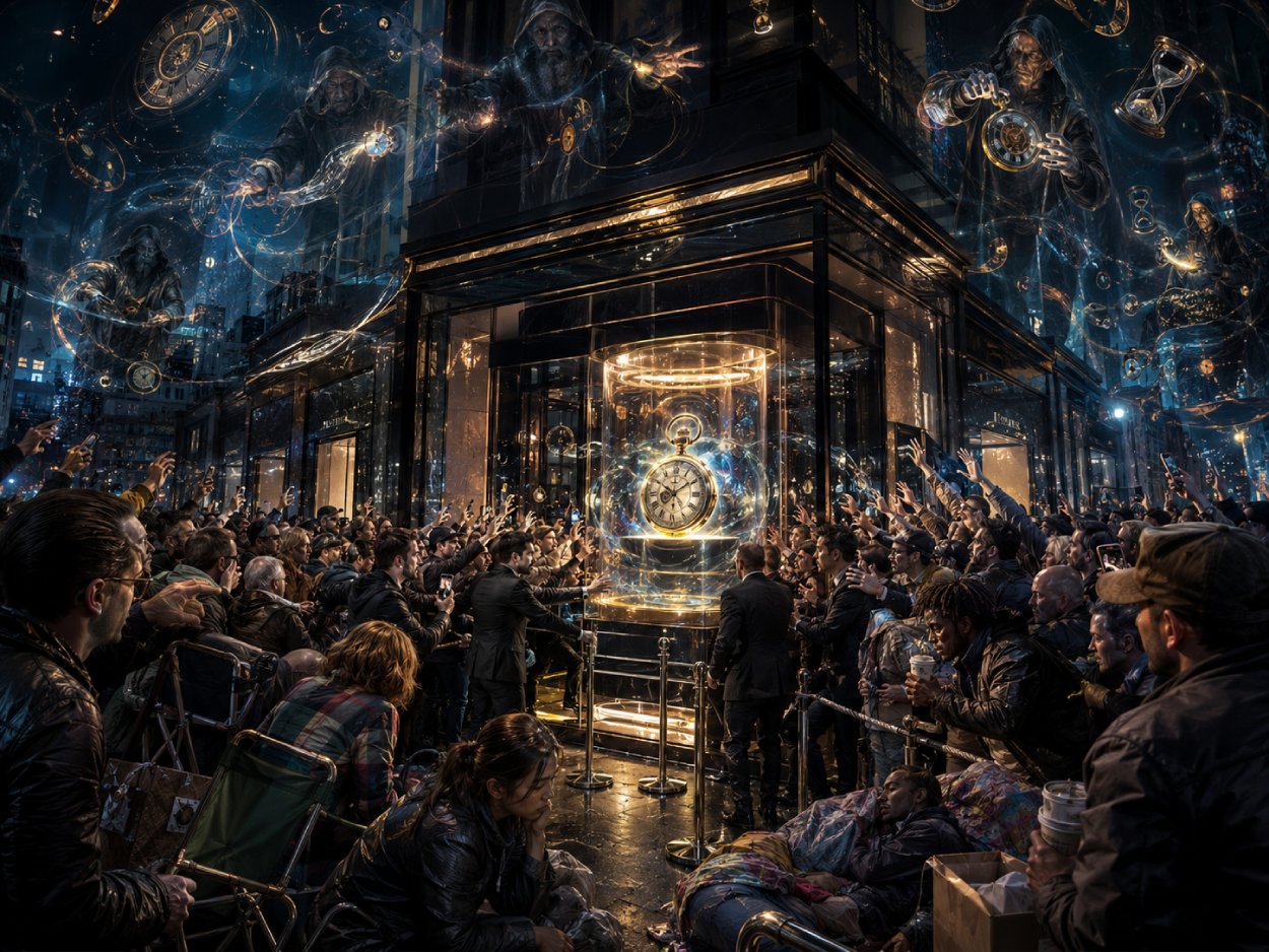 Satirische Fantasy-Szene vor einem modernen Uhrenladen, in der eine Menschenmenge um eine leuchtende Taschenuhr drängt, während riesige Chronomanten über der Stadt die Zeit manipulieren.