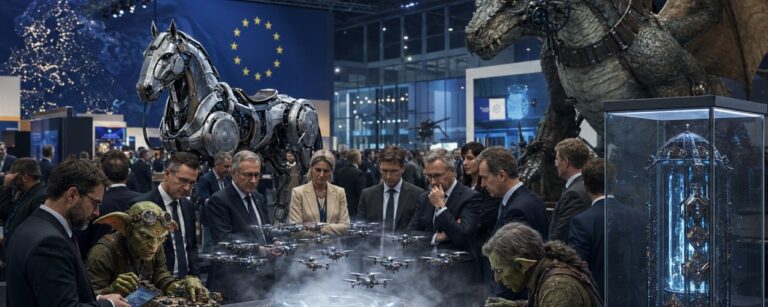 Satirische Fantasy-Szene einer Hightech-Konferenz in Heilbronn, auf der europäische Politiker, Manager und Ingenieure geheime KI-Waffen aus den Zwischenreichen begutachten.