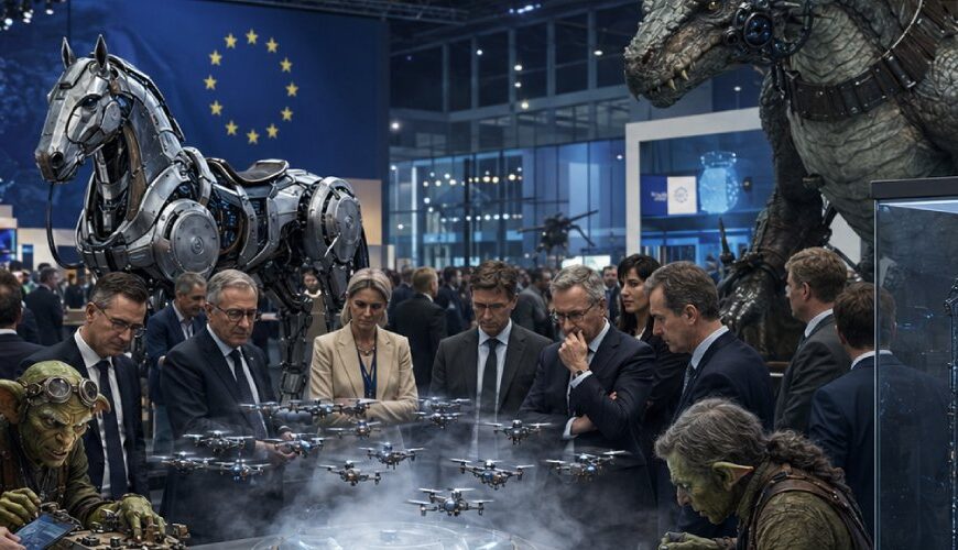 Satirische Fantasy-Szene einer Hightech-Konferenz in Heilbronn, auf der europäische Politiker, Manager und Ingenieure geheime KI-Waffen aus den Zwischenreichen begutachten.