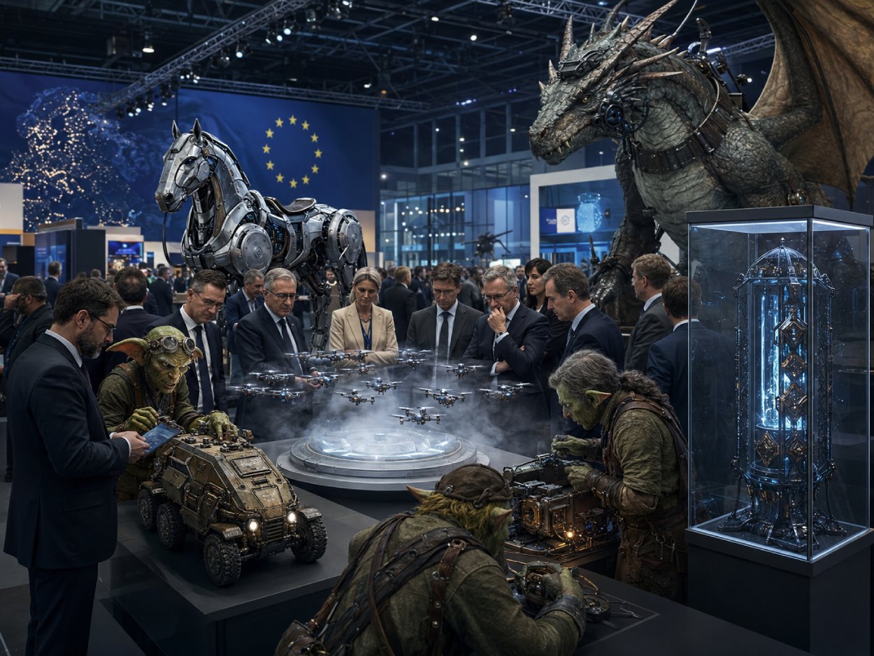 Satirische Fantasy-Szene einer Hightech-Konferenz in Heilbronn, auf der europäische Politiker, Manager und Ingenieure geheime KI-Waffen aus den Zwischenreichen begutachten.