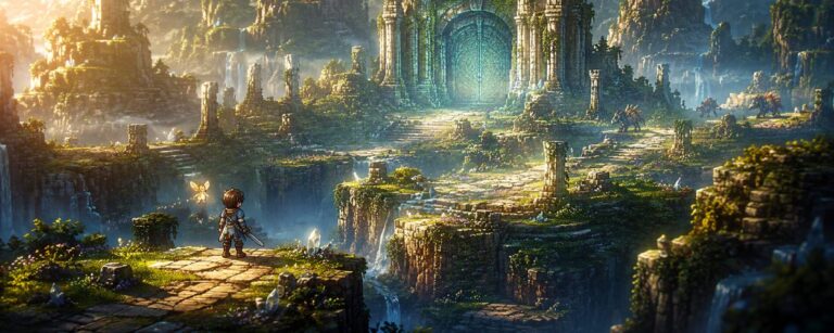 Ein junger Abenteurer steht mit Schwert und leuchtender Fee vor einer alten Ruine in einer farbenreichen HD-2D-Fantasylandschaft.