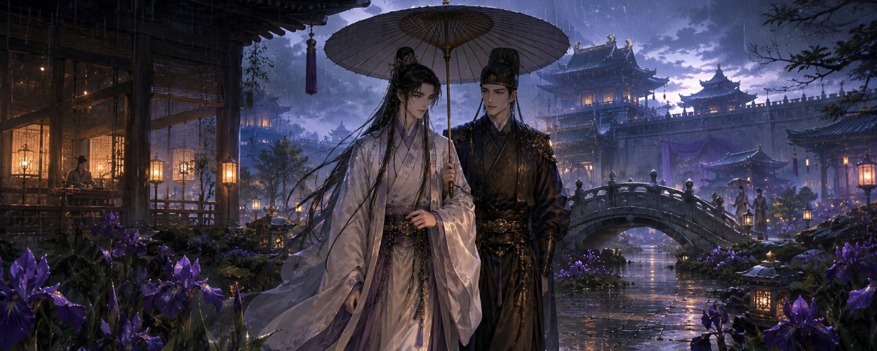 Zwei elegante Hofbeamte gehen bei Regen durch einen asiatisch inspirierten Palastgarten mit violetten Schwertlilien und leuchtenden Laternen.