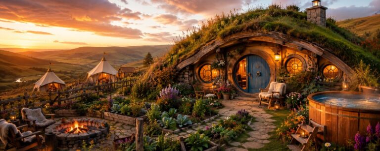 Ein gemütliches Hobbit-inspiriertes Hanghaus mit runder blauer Tür liegt in einer grünen Hügellandschaft, während warmes Licht aus den Fenstern fällt.