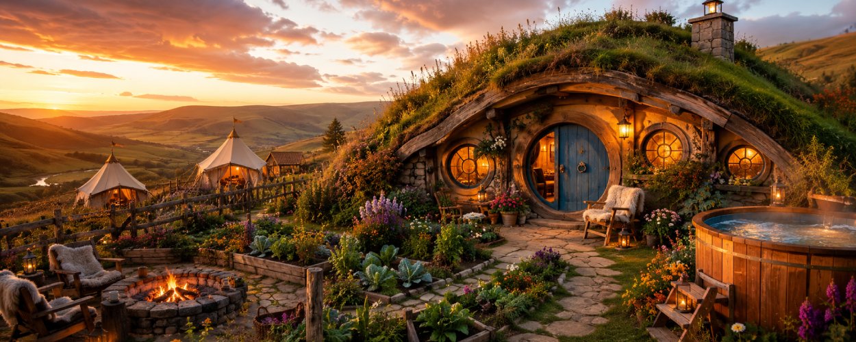 Ein gemütliches Hobbit-inspiriertes Hanghaus mit runder blauer Tür liegt in einer grünen Hügellandschaft, während warmes Licht aus den Fenstern fällt.