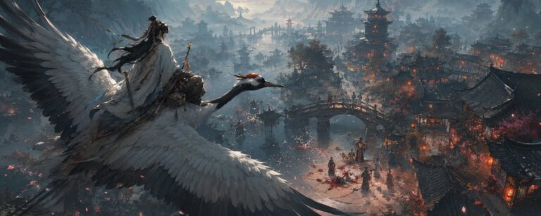 Ein riesiger weißer Kranich fliegt über eine chinesisch inspirierte Fantasy-Stadt, während ein Ermittler auf seinem Rücken in die nebligen Gassen blickt.