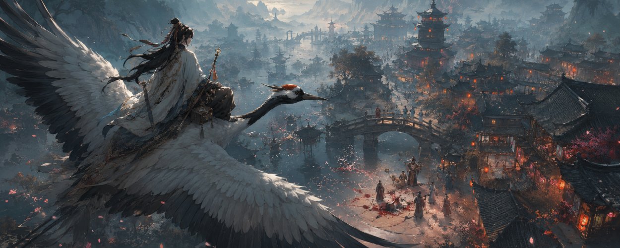 Ein riesiger weißer Kranich fliegt über eine chinesisch inspirierte Fantasy-Stadt, während ein Ermittler auf seinem Rücken in die nebligen Gassen blickt.