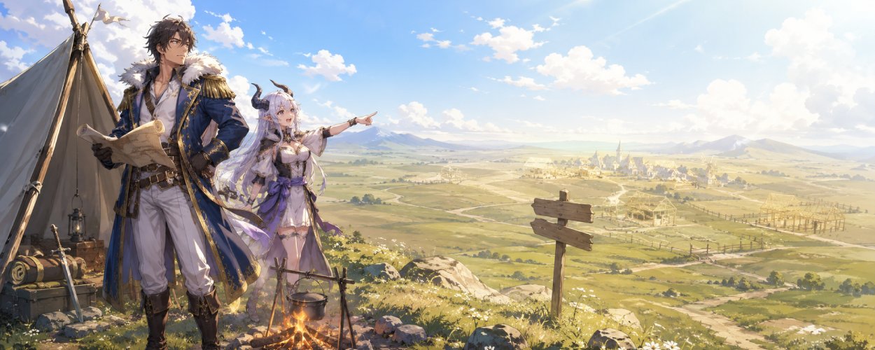 Ein einsamer Grenzlord steht in einer weiten Graslandschaft vor einem kleinen Zelt und einer leeren Karte, während am Horizont ein neues Fantasy-Dorf erst entstehen muss.