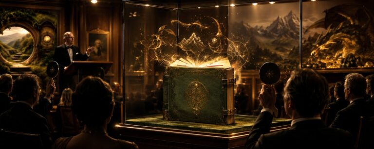 Ein seltenes grünes Fantasy-Buch liegt in einer Glasvitrine eines Auktionssaals, umgeben von Sammlern, goldenen Staubpartikeln, Karten und Drachen-Silhouetten.