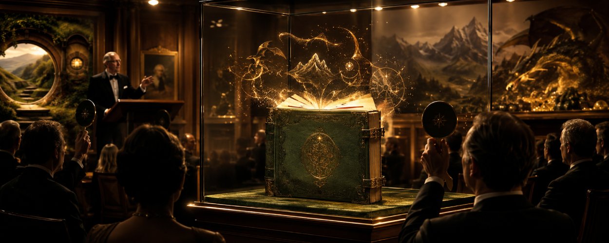 Ein seltenes grünes Fantasy-Buch liegt in einer Glasvitrine eines Auktionssaals, umgeben von Sammlern, goldenen Staubpartikeln, Karten und Drachen-Silhouetten.