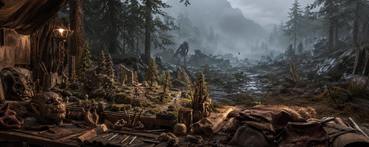 Ein Fantasy-Filmset mit Miniaturlandschaften, Ork-Masken, alten Karten und nebligem Wald im Hintergrund, in dem eine kleine dunkle Gestalt zwischen Felsen lauert.