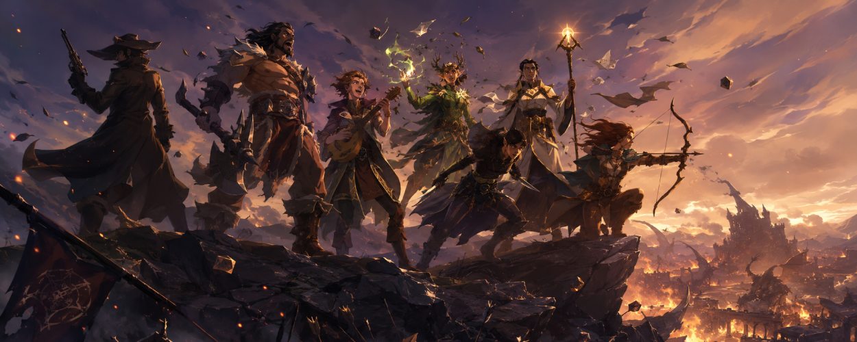 Eine chaotische Gruppe von Fantasy-Abenteurern steht auf einer Klippe über einem brennenden Tal, während Würfel, Magie und Drachenschuppen durch die Luft wirbeln.