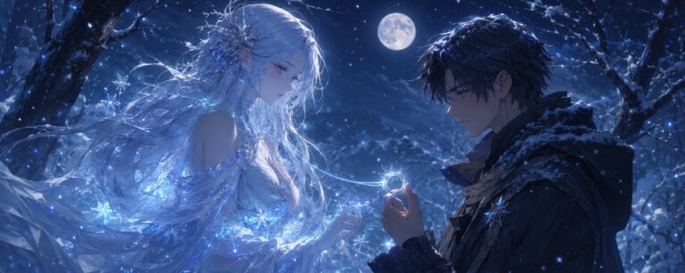 Eine einsame Schnee-Frau steht in einer winterlichen Fantasy-Landschaft, während ein junger Mann einen verfluchten Ring betrachtet und blasses magisches Licht zwischen ihnen schimmert.