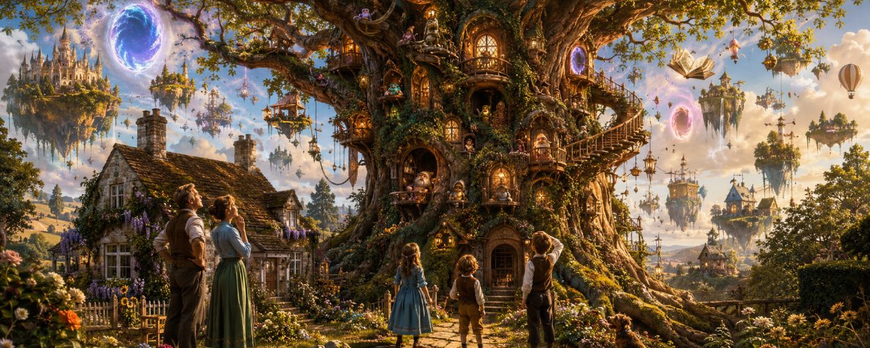Eine Familie steht vor einem riesigen magischen Baum, dessen Äste in bunte Fantasiewelten und leuchtende Portale führen.