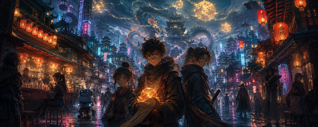 Drei junge Geschwister stehen in einer regennassen Fantasy-Stadt mit leuchtender Drachenperle, während Sonnengeister und ein Drache über den Dächern erscheinen.