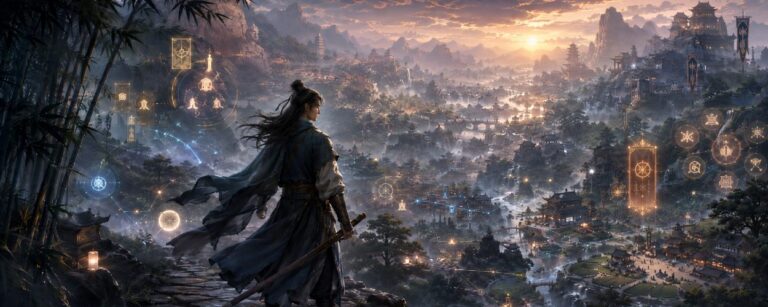 Ein Wuxia-Kämpfer steht vor einem alten chinesischen Dorf zwischen Bergen, Bambuswäldern und Tempeln, während Schriftrollen, Kampfschulen und Fraktionen wie magische Symbole um ihn erscheinen.