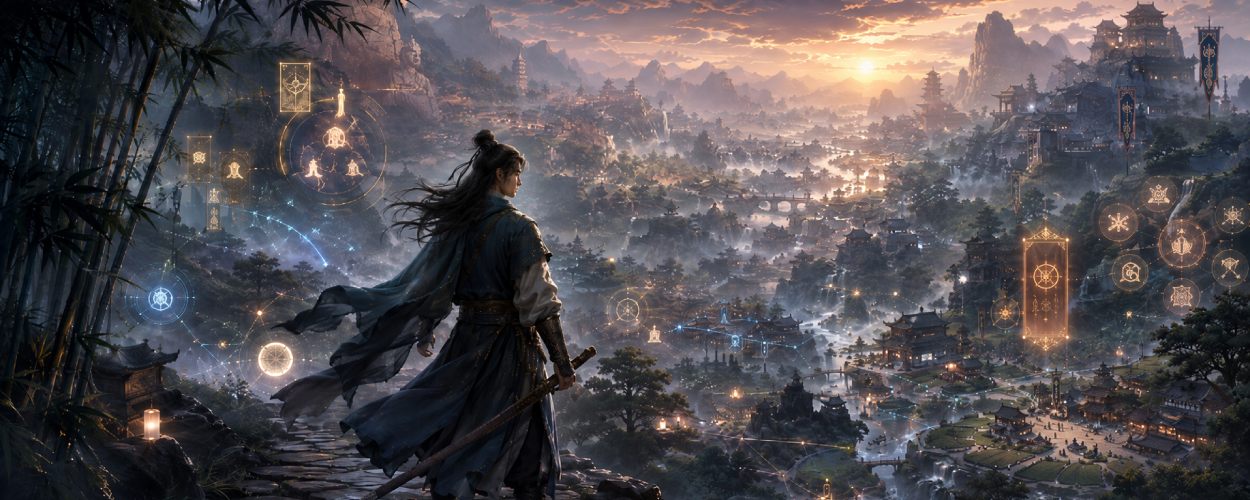 Ein Wuxia-Kämpfer steht vor einem alten chinesischen Dorf zwischen Bergen, Bambuswäldern und Tempeln, während Schriftrollen, Kampfschulen und Fraktionen wie magische Symbole um ihn erscheinen.
