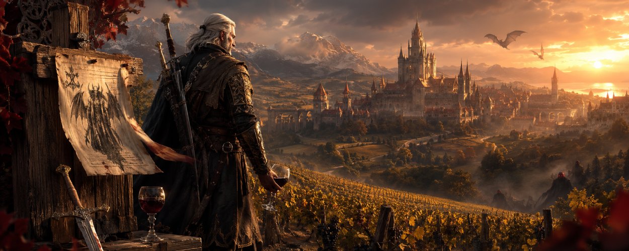 Ein alternder Hexer steht bei Sonnenuntergang vor Weinbergen und einem märchenhaften Schloss, während im Hintergrund ein schwarzes Brett mit neuem Auftrag im Wind knarrt.