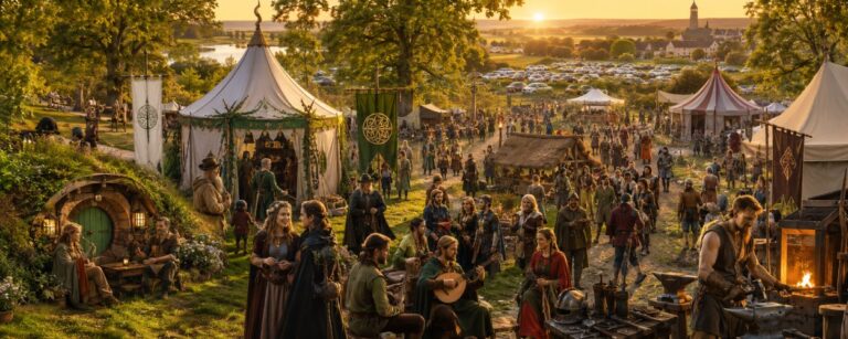 Ein großes Fantasy-Festival am Niederrhein mit Zelten, Gewandeten, Lagerfeuern und einer märchenhaften Mittelerde-Atmosphäre zwischen Wiesen und Wald.