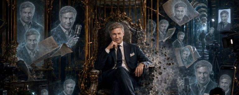 Ein elegant gekleideter Medienmann sitzt auf einem goldenen Thron in einem düsteren Verlagsschloss, umgeben von Spiegeln, Kameras, Mikrofonen, Smartphones und geisterhaften Doppelgängern seiner selbst. Goldene Gitter, Rauch und schwebende Zeitungsseiten lassen ihn zugleich mächtig und gefangen wirken.